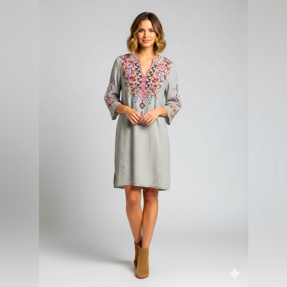 NWT Johnny Was Kirpa Gray Floral Embroidered Circle Sleeve Boho Tunic Dress M